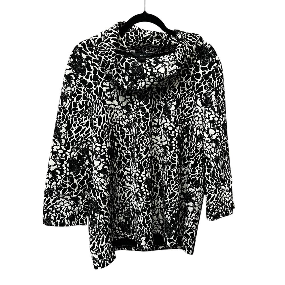 Ali Miles Black Cream Abstract Animal Print 3/4 Sleeve Cowl Neck Top Large